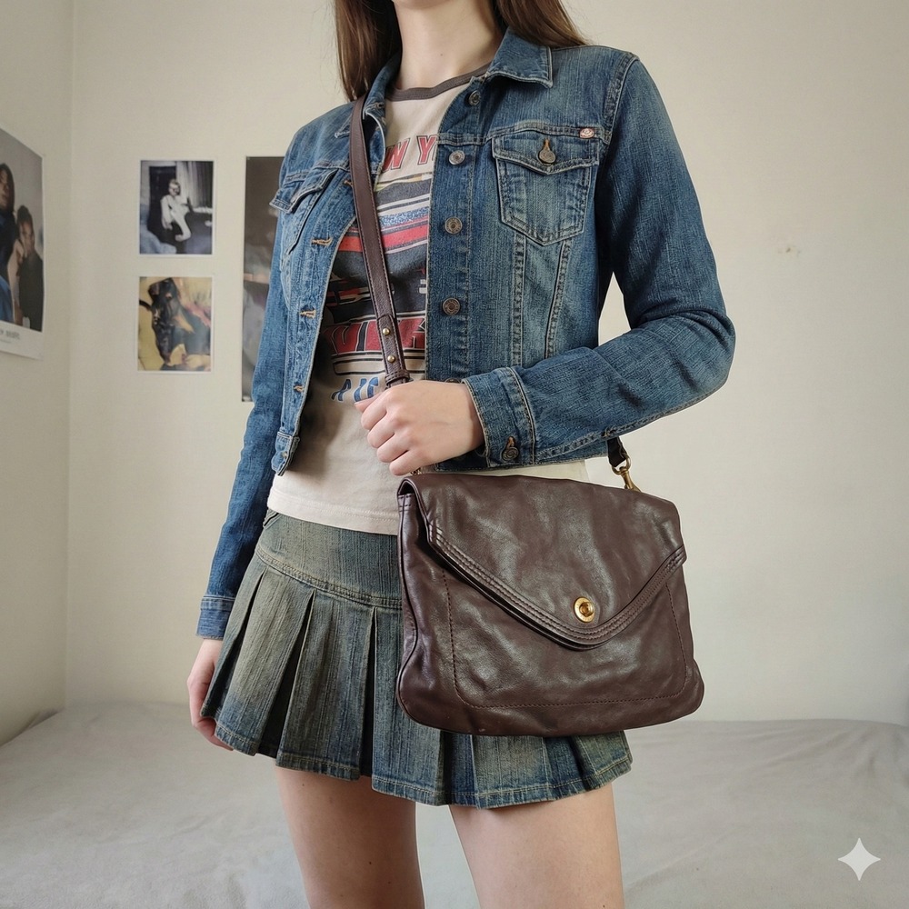 Vintage Y2K Marc by‎ Marc Jacobs Brown Leather Crossbody Bag Gold Turn Lock Flap